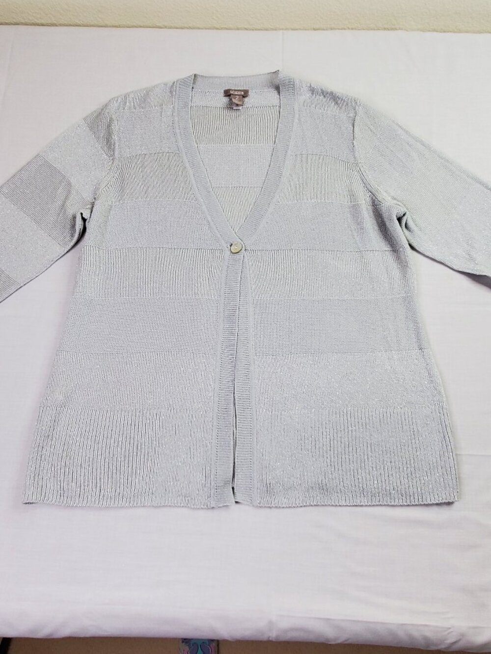 Chicos Cardigan Women 2 L Silver Gray Metallic One Button Knit Sweater Career